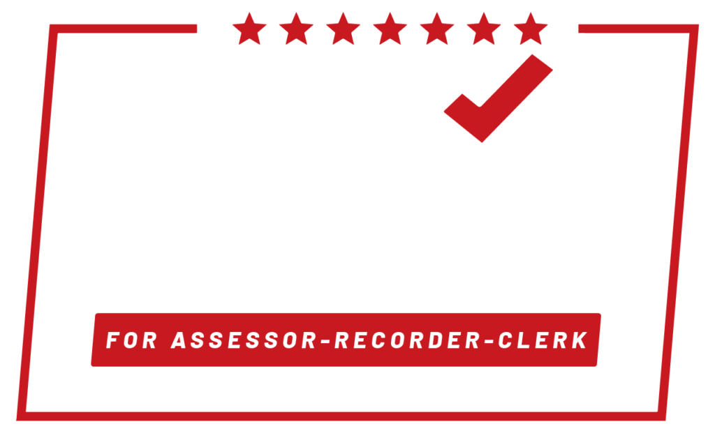 A campaign logo with blue text reading "Josie Gonzales" and "For Assessor-Recorder-Clerk" in red. A red checkmark replaces the dot over the "I" in "Josie." Six red stars line the top of the logo, all within a red rectangular border.